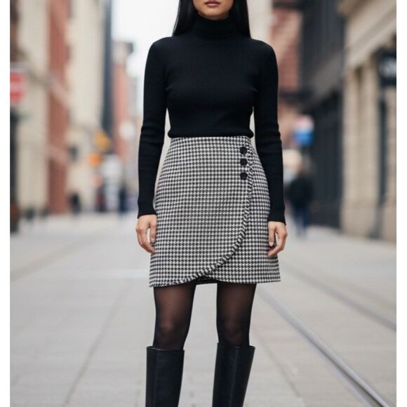 Tahari Dresses & Skirts - Tahari Houndstooth Fringe Black White Faux Wrap Knee Length Womens Skirt Size 16